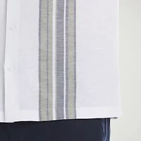 Cubavera Yarndye Linen Blend Panel Mens Short Sleeve Regular Fit Button-Down Shirt