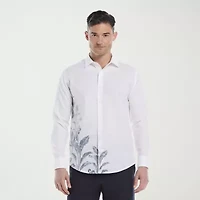 Cubavera Asymmetrical Placement Print Mens Long Sleeve Regular Fit Button-Down Shirt