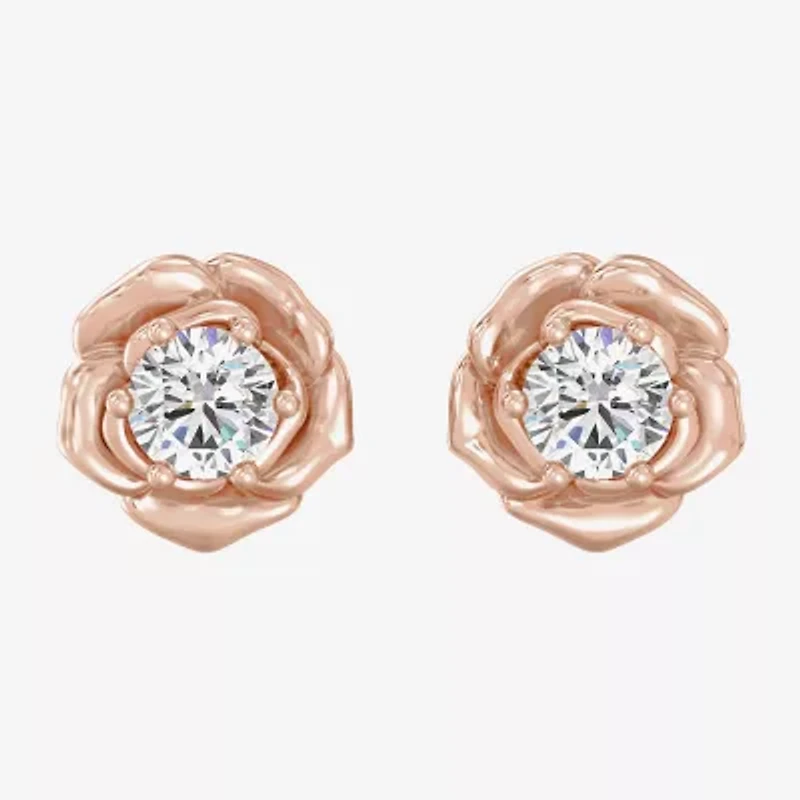 Enchanted Disney Fine Jewelry (I,I2), Belle 1/5 CT. Lab Grown White Diamond 14K Rose Gold Over Silver 6.5mm Flower Beauty and the Beast Belle Princess Stud Earrings