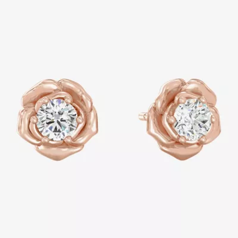 Enchanted Disney Fine Jewelry (I,I2), Belle 1/5 CT. Lab Grown White Diamond 14K Rose Gold Over Silver 6.5mm Flower Beauty and the Beast Belle Princess Stud Earrings