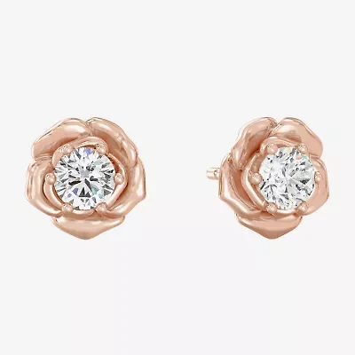 Enchanted Disney Fine Jewelry (I,I2), Belle 1/5 CT. Lab Grown White Diamond 14K Rose Gold Over Silver 6.5mm Flower Beauty and the Beast Belle Princess Stud Earrings