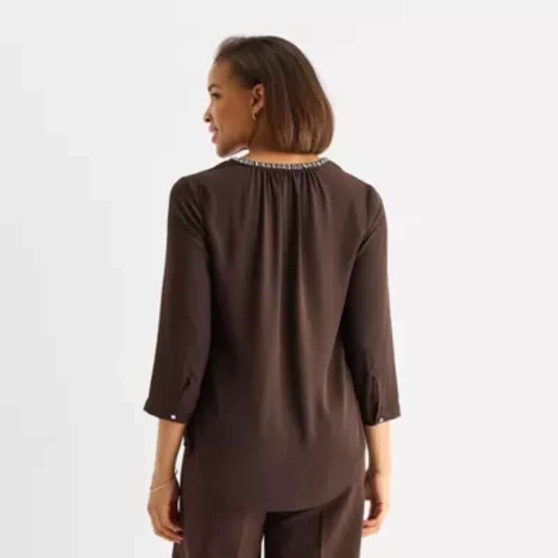 Liz Claiborne Shine Womens Split Crew Neck 3/4 Sleeve Blouse