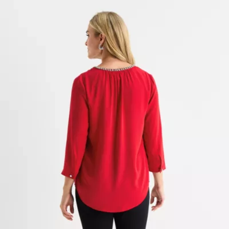 Liz Claiborne Shine Womens Split Crew Neck 3/4 Sleeve Blouse