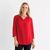 Liz Claiborne Shine Womens Split Crew Neck 3/4 Sleeve Blouse