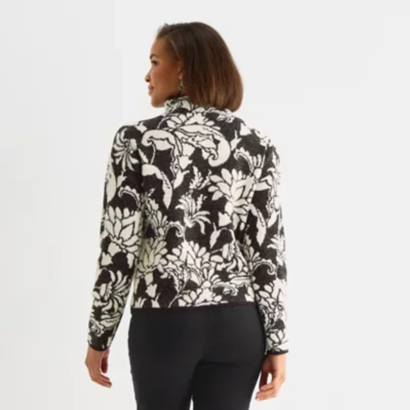 Liz Claiborne Womens Funnel Neck Long Sleeve Floral Pullover Sweater