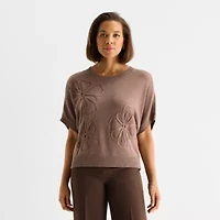 Liz Claiborne Womens Crew Neck Elbow Sleeve Pullover Sweater