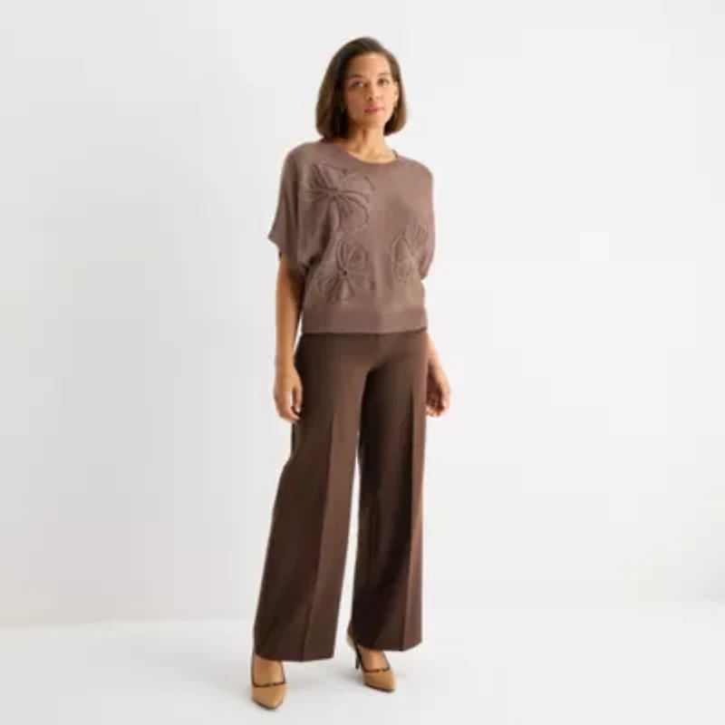 Liz Claiborne Womens Crew Neck Elbow Sleeve Pullover Sweater