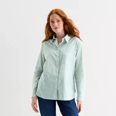 St. John's Bay Womens Long Sleeve Regular Fit Button-Down Shirt