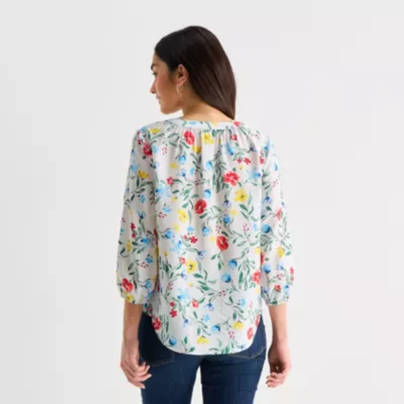 St. John's Bay Womens Split Crew Neck 3/4 Sleeve Blouse