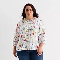 St. John's Bay Womens Plus Split Crew Neck 3/4 Sleeve Blouse