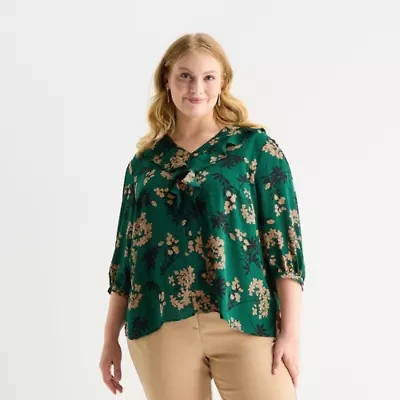 Liz Claiborne Womens Plus V Neck 3/4 Sleeve Blouse