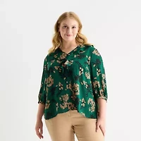 Liz Claiborne Womens Plus V Neck 3/4 Sleeve Blouse
