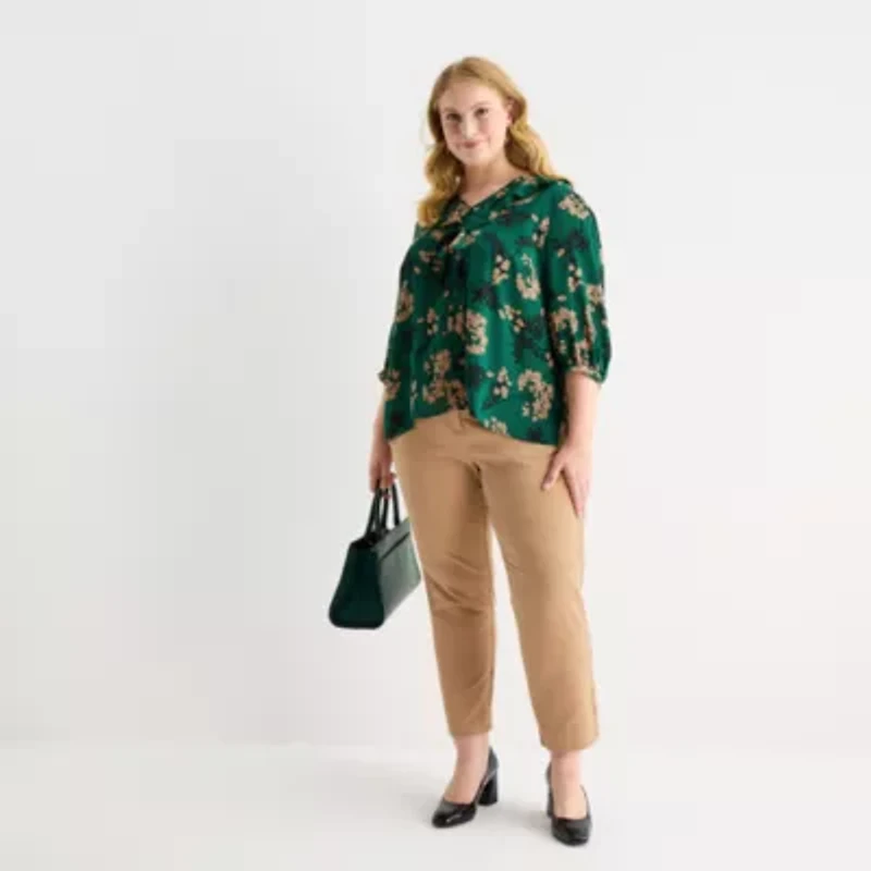 Liz Claiborne Womens Plus V Neck 3/4 Sleeve Blouse