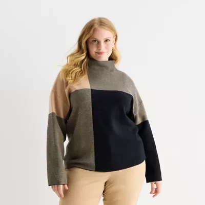 Liz Claiborne Plus Womens Mock Neck Long Sleeve Pullover Sweater