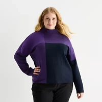 Liz Claiborne Plus Womens Mock Neck Long Sleeve Pullover Sweater