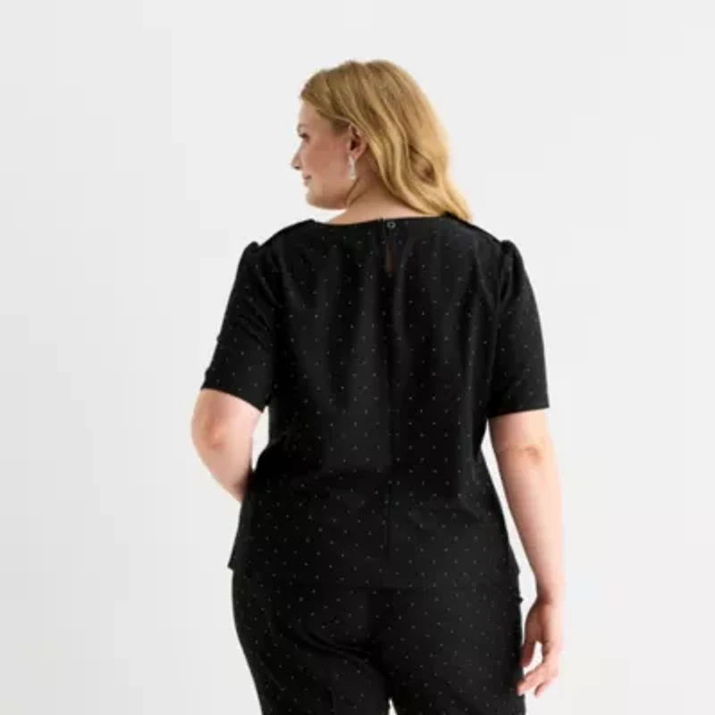 Liz Claiborne Womens Plus Easy-on + Easy-off Round Neck Short Sleeve Blouse