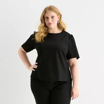 Liz Claiborne Womens Plus Easy-on + Easy-off Round Neck Short Sleeve Blouse