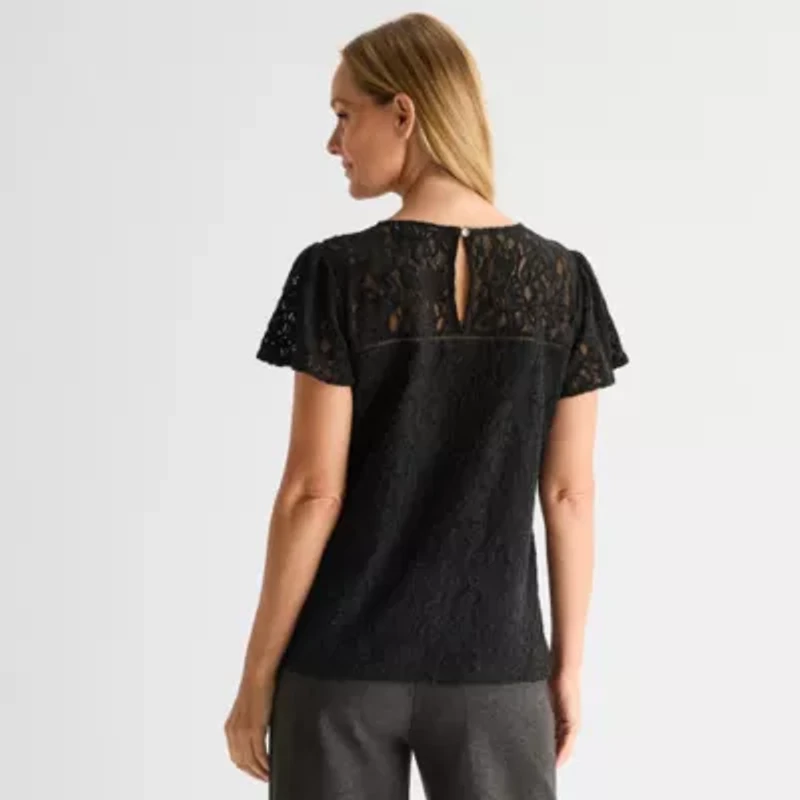 Liz Claiborne Womens Crew Neck Short Sleeve Lace Blouse