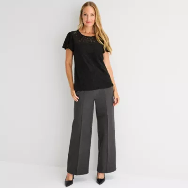 Liz Claiborne Womens Crew Neck Short Sleeve Lace Blouse