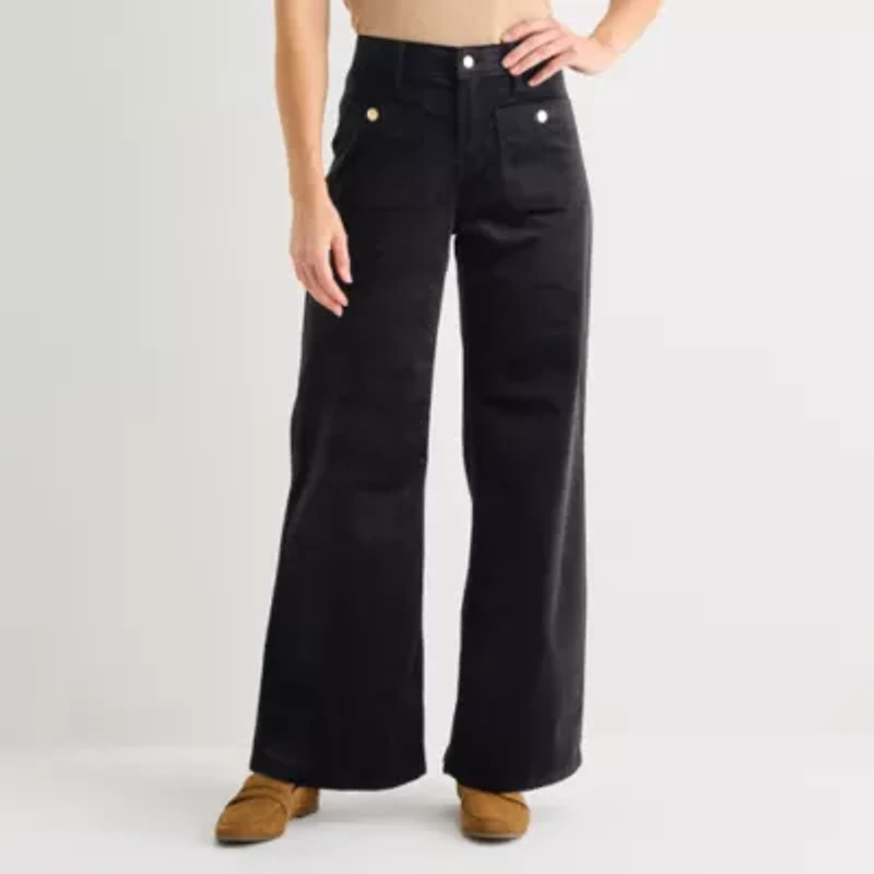 Liz Claiborne Womens Petite Wide Leg Mid Rise Pull-On Pant