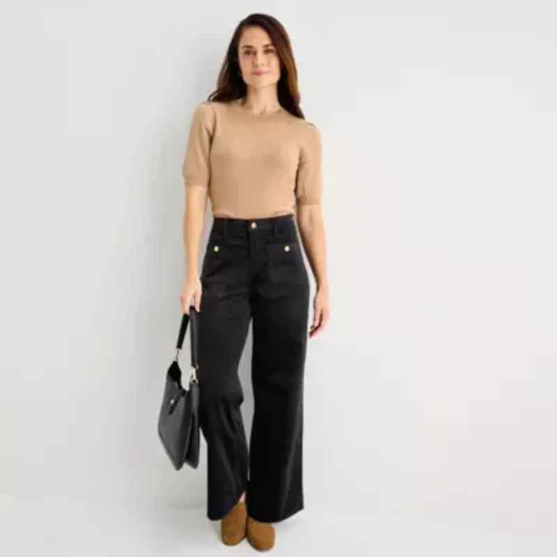 Liz Claiborne Womens Petite Wide Leg Mid Rise Pull-On Pant