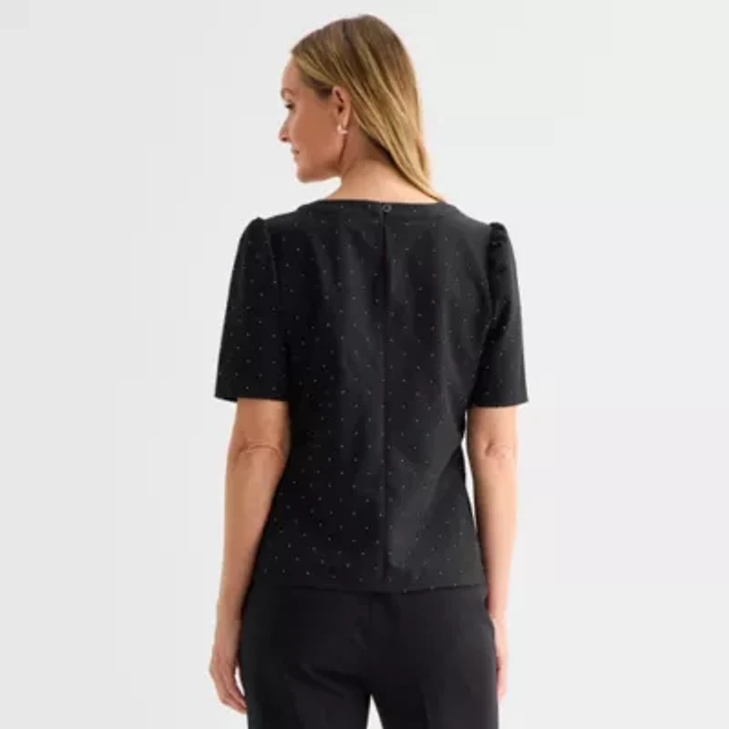 Liz Claiborne Womens Petite Round Neck Short Sleeve Blouse