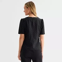 Liz Claiborne Womens Petite Round Neck Short Sleeve Blouse