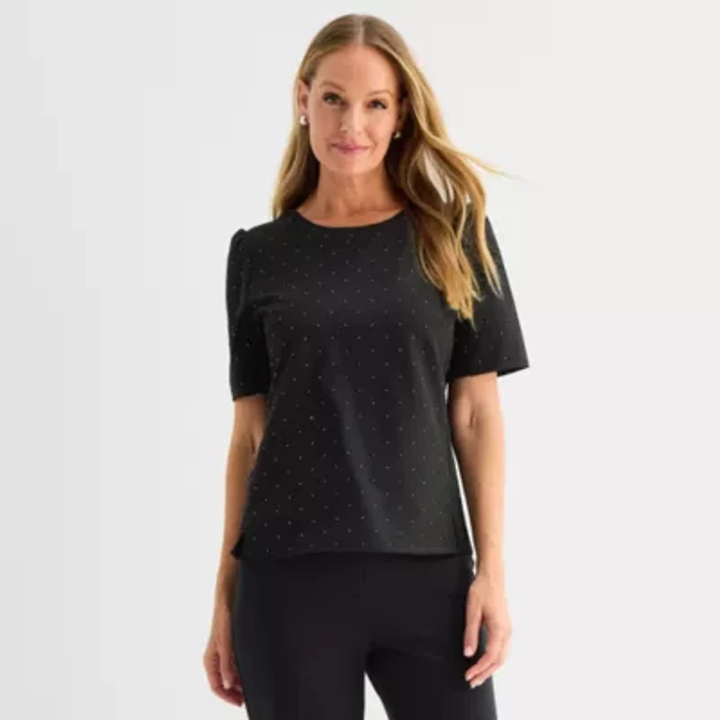 Liz Claiborne Womens Petite Round Neck Short Sleeve Blouse
