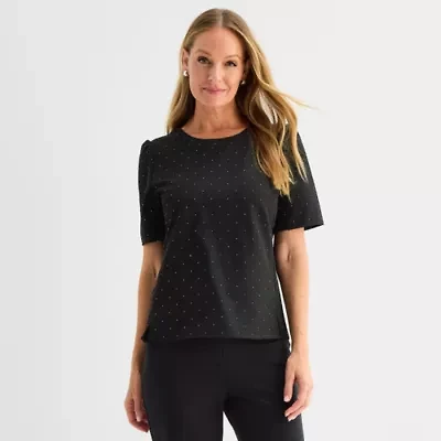 Liz Claiborne Womens Petite Round Neck Short Sleeve Blouse