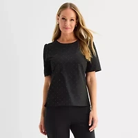 Liz Claiborne Womens Petite Round Neck Short Sleeve Blouse