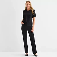 Liz Claiborne Womens Petite Round Neck Short Sleeve Blouse