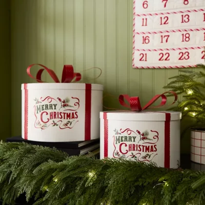 Martha Stewart 11in Metal Hat Box Christmas Tabletop Decor