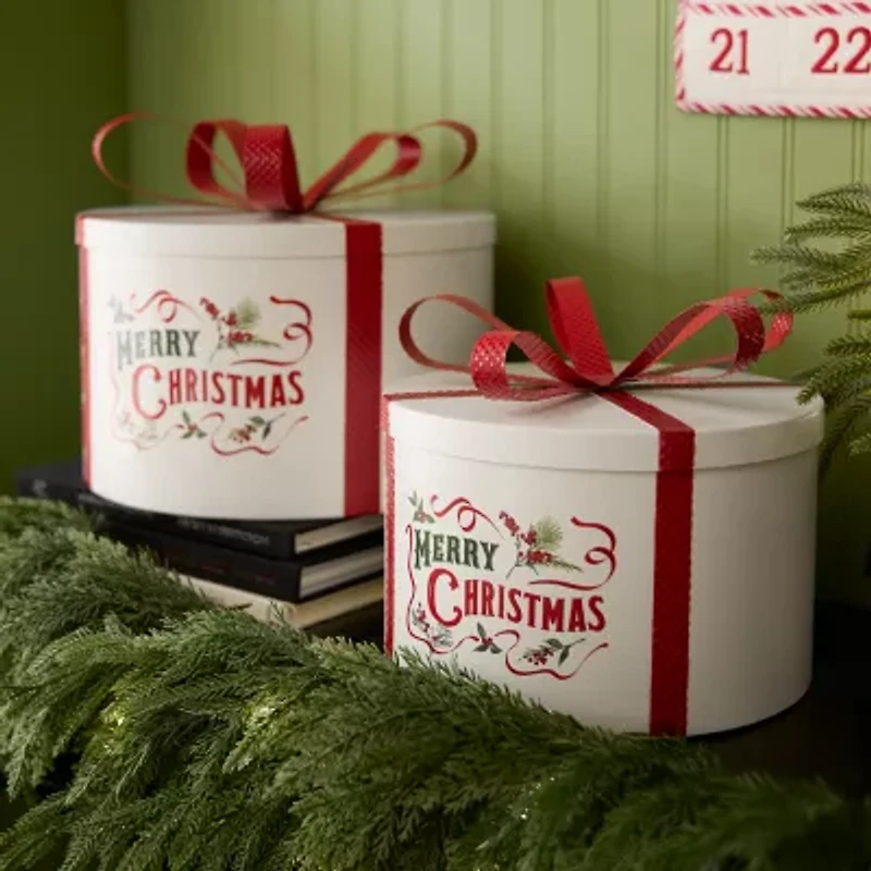 Martha Stewart 11in Metal Hat Box Christmas Tabletop Decor