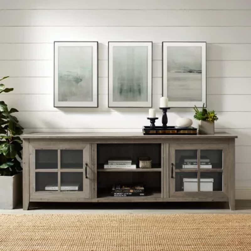 70" Farmhouse Simple Window Pane 2 Door Wood TV Stand