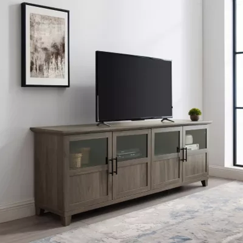 70-Inch TV Console with Glass and Wood 4 Panel Doors