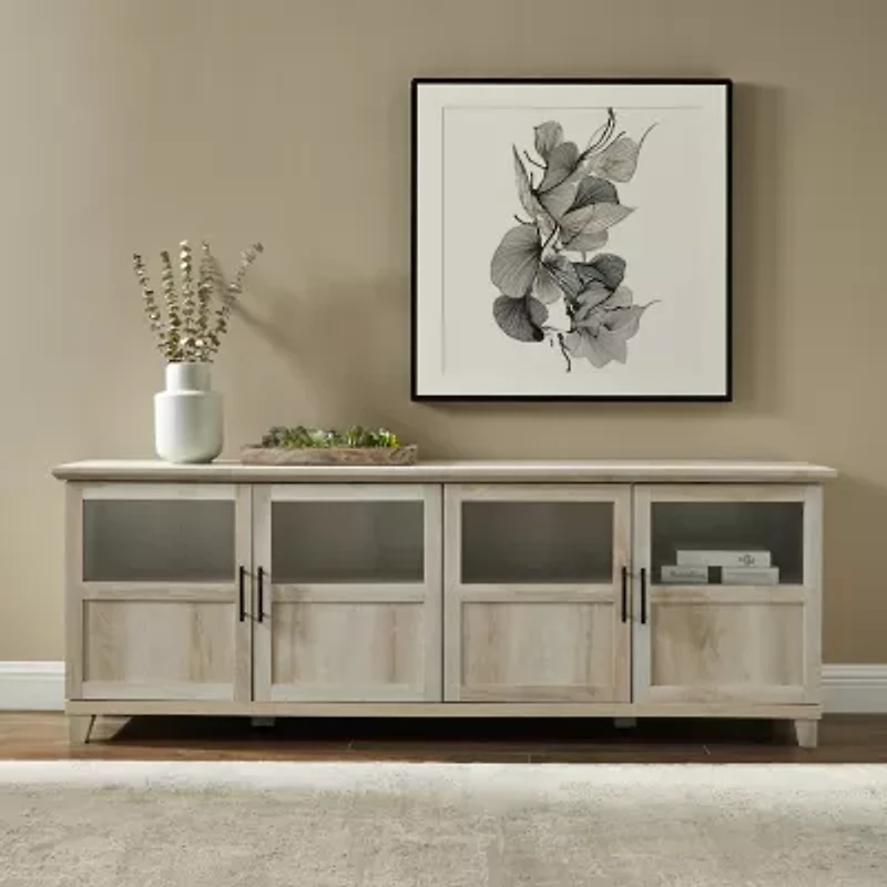 70-Inch TV Console with Glass and Wood 4 Panel Doors