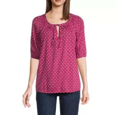 St. John's Bay Womens Split Tie Neck Elbow Sleeve Blouse