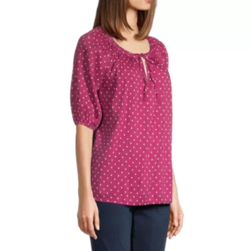 St. John's Bay Womens Split Tie Neck Elbow Sleeve Blouse