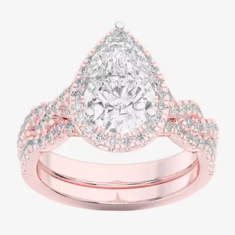 (G-H / Si1-Si2) Womens 3 3/4 CT. T.W. Lab Grown White Diamond 14K Gold Pear Side Stone Halo Bridal Set