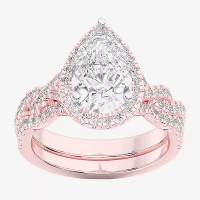 (G-H / Si1-Si2) Womens 3 3/4 CT. T.W. Lab Grown White Diamond 14K Gold Pear Side Stone Halo Bridal Set