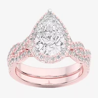 (G-H / Si1-Si2) Womens 3 3/4 CT. T.W. Lab Grown White Diamond 14K Gold Pear Side Stone Halo Bridal Set