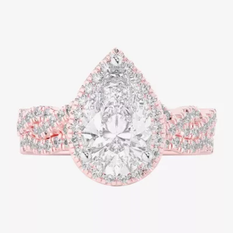 (G-H / Si1-Si2) Womens 3 3/4 CT. T.W. Lab Grown White Diamond 14K Gold Pear Side Stone Halo Bridal Set