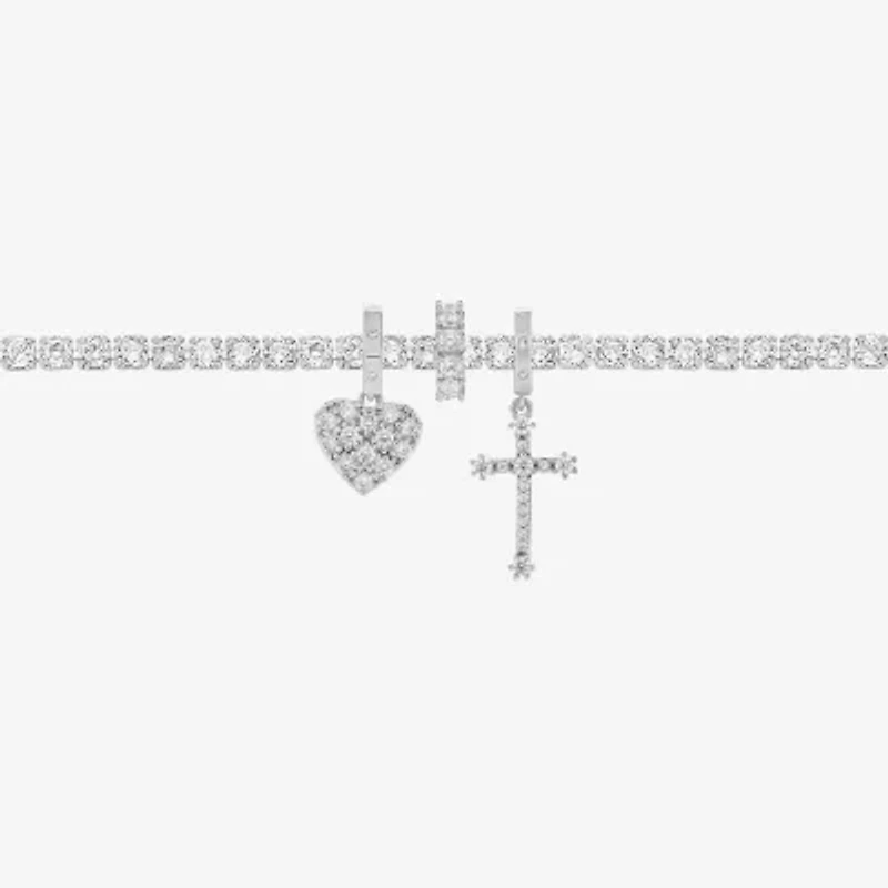Sparkle Allure Charm Womens White Cubic Zirconia Pure Silver Over Brass Cross Heart 8 1/2 Inch Tennis Bracelet