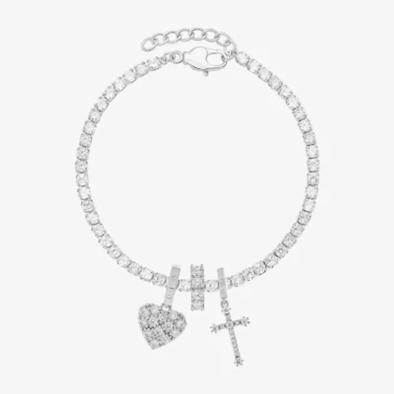 Sparkle Allure Charm Womens White Cubic Zirconia Pure Silver Over Brass Cross Heart 8 1/2 Inch Tennis Bracelet