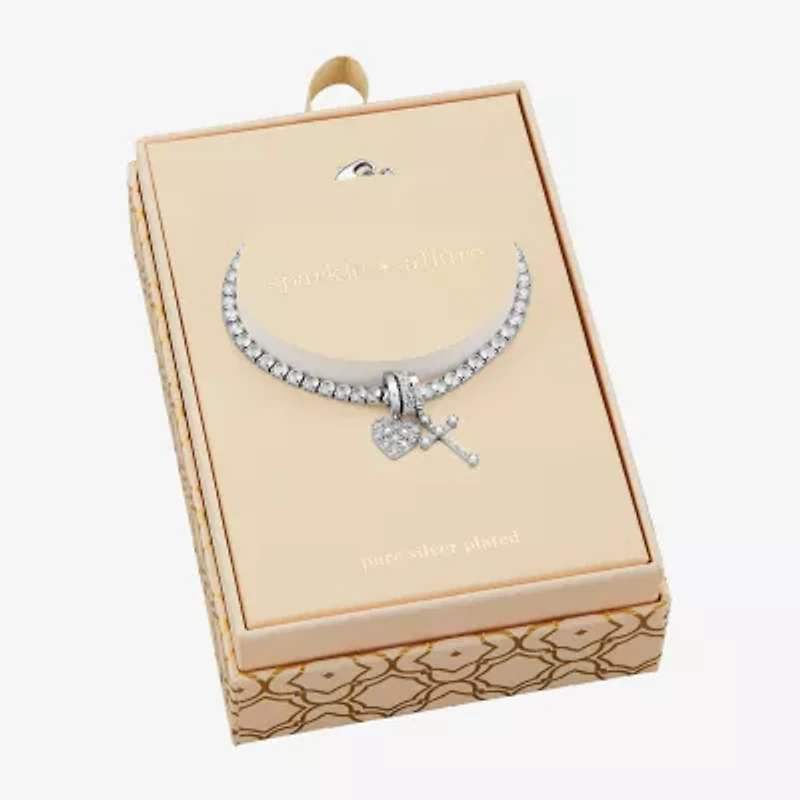 Sparkle Allure Charm Womens White Cubic Zirconia Pure Silver Over Brass Cross Heart 8 1/2 Inch Tennis Bracelet
