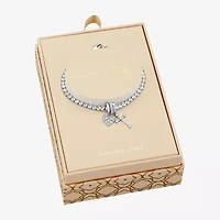 Sparkle Allure Charm Womens White Cubic Zirconia Pure Silver Over Brass Cross Heart 8 1/2 Inch Tennis Bracelet