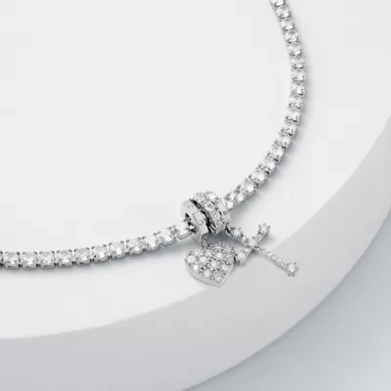 Sparkle Allure Charm Womens White Cubic Zirconia Pure Silver Over Brass Cross Heart 8 1/2 Inch Tennis Bracelet