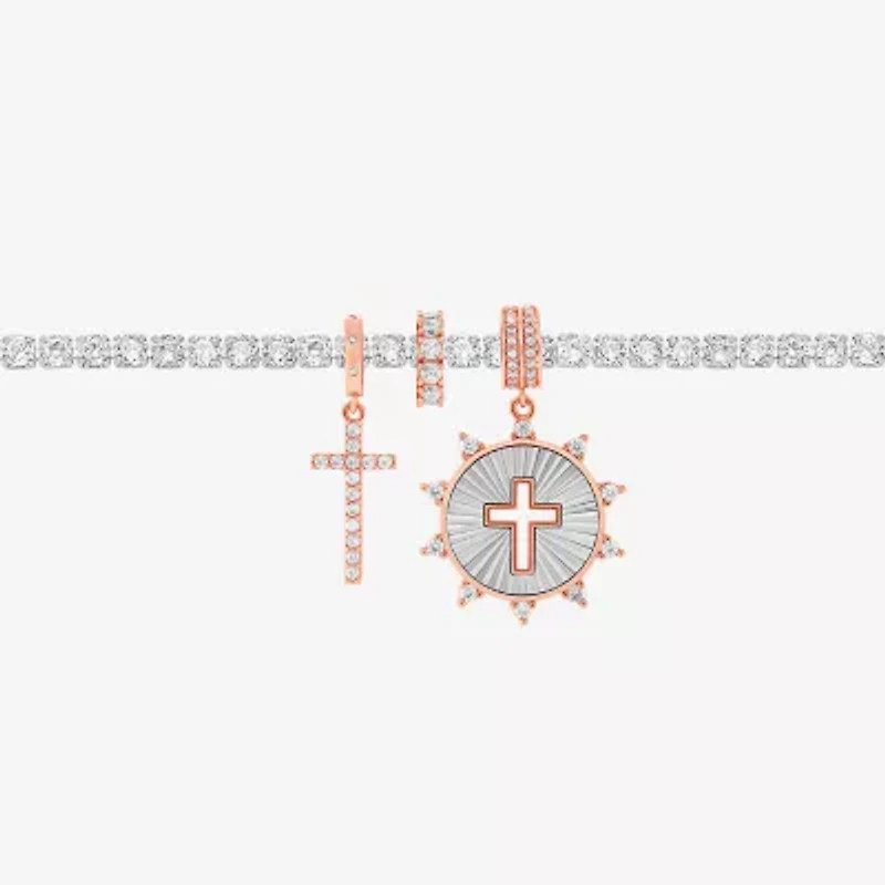 Sparkle Allure Charm Womens White Cubic Zirconia Pure Silver Over Brass Cross 8 1/2 Inch Tennis Bracelet