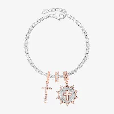 Sparkle Allure Charm Womens White Cubic Zirconia Pure Silver Over Brass Cross 8 1/2 Inch Tennis Bracelet
