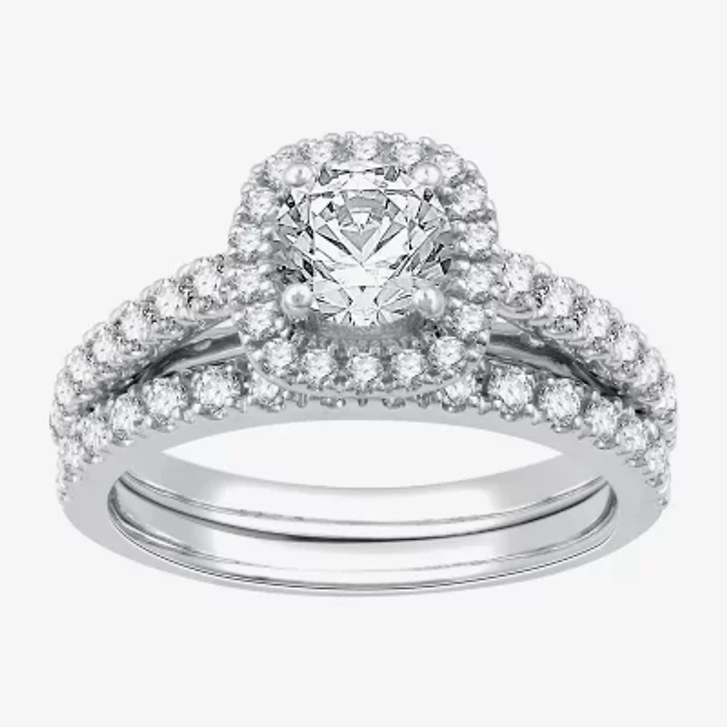 I Said Yes (G / Si1-Si2) Womens 1 1/2 CT. T.W. Lab Grown White Diamond Sterling Silver Cushion Side Stone Halo Bridal Set